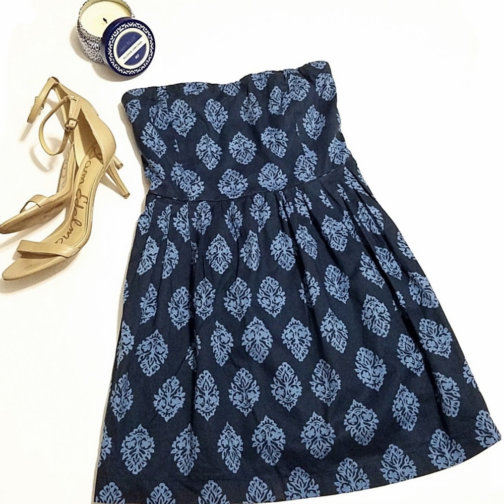 Strapless Navy Bue Floral Damask Boho Mini Dress